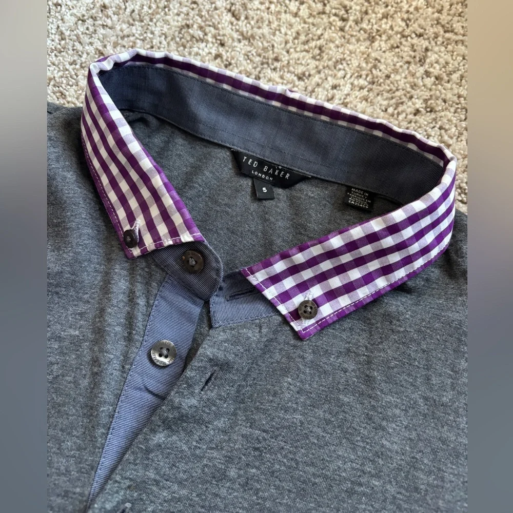 TED BAKER LONDON Men’s Polo Charcoal Gray Gingham Button-down Collar Size 5 - Picture 1 of 10